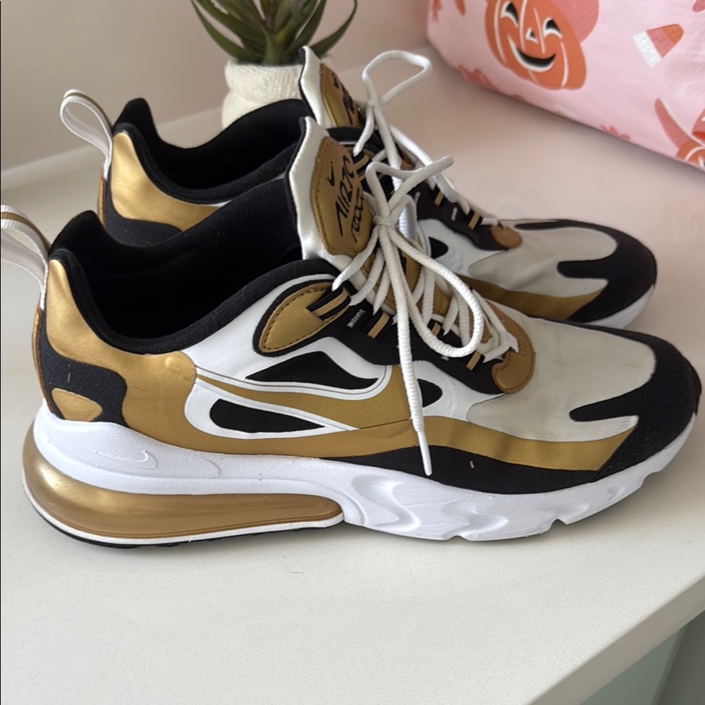 Nike Air 270 React Black, Gold, and White Sneakers